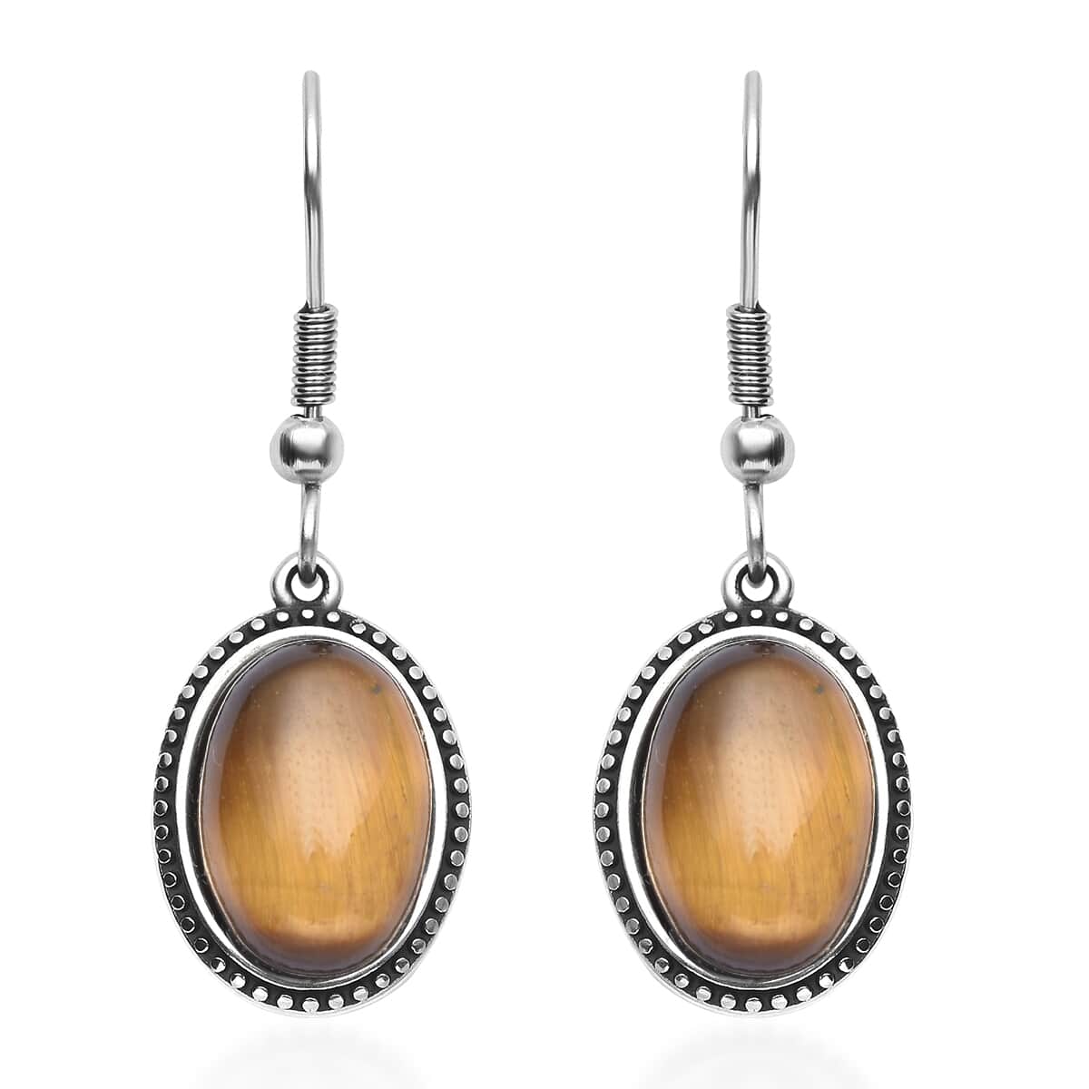 Yellow Tiger's Eye Dangle Earrings in Stainless Steel 8.20 ctw image number 0