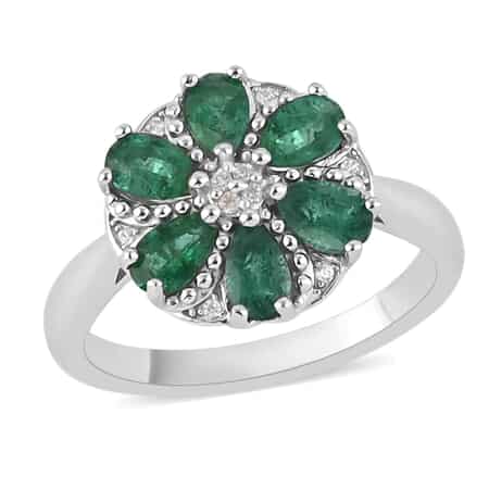 AAA Kagem Emerald and White Zircon Flower Ring in Rhodium Over Sterling Silver (Size 7.0) 1.25 ctw image number 0