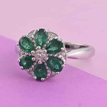 AAA Kagem Emerald and White Zircon Flower Ring in Rhodium Over Sterling Silver (Size 7.0) 1.25 ctw image number 1