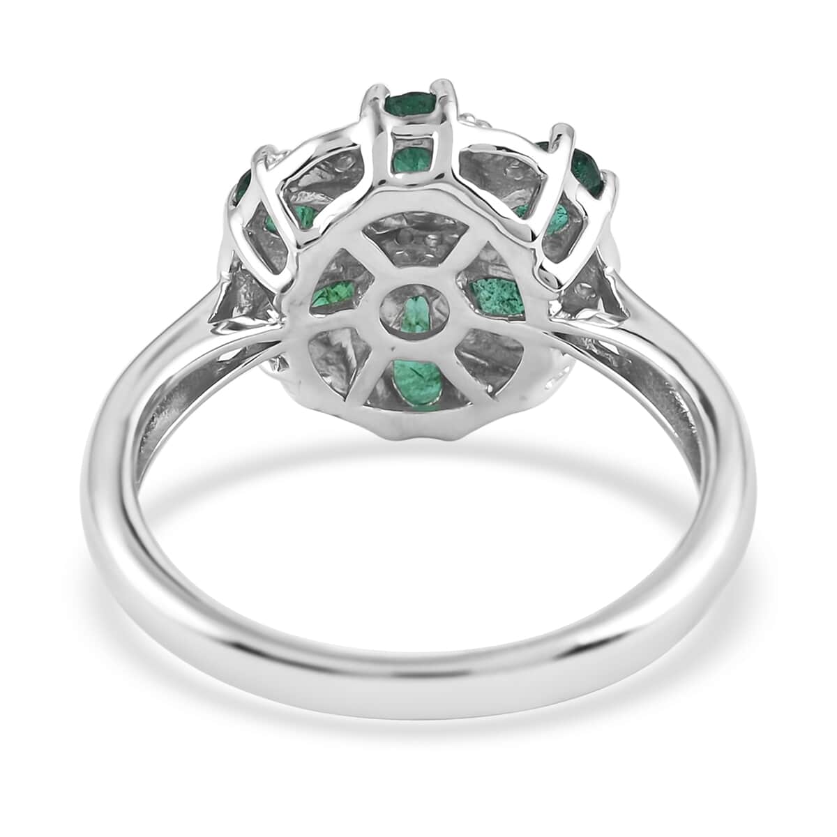 AAA Kagem Emerald and White Zircon Flower Ring in Rhodium Over Sterling Silver (Size 7.0) 1.25 ctw image number 4