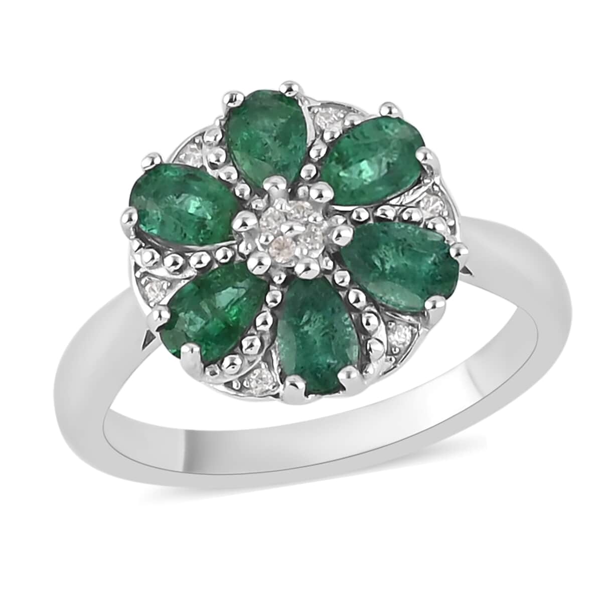 AAA Kagem Emerald and Natural White Zircon Flower Design Ring in Rhodium Over Sterling Silver (Size 8.0) 1.25 ctw image number 0