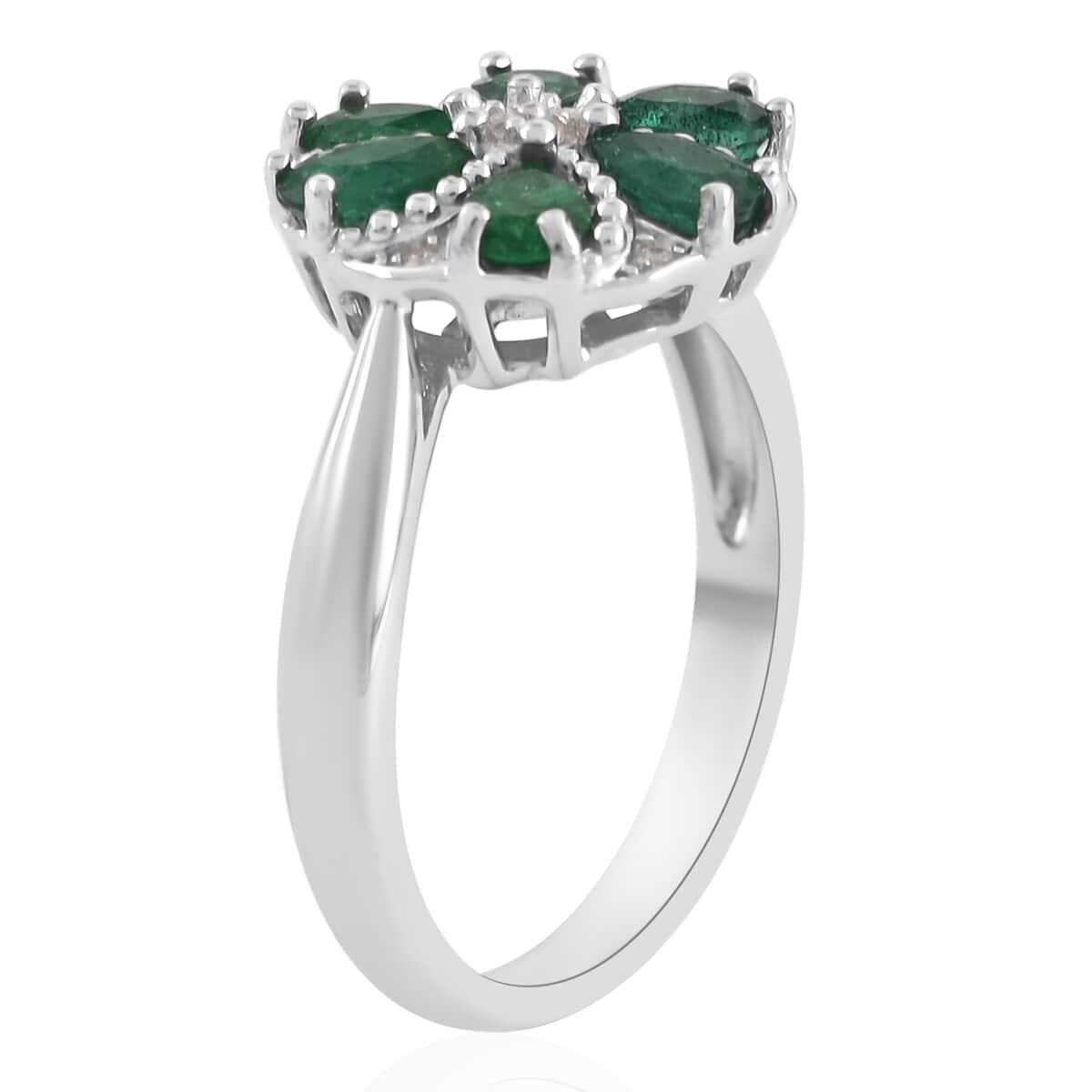AAA Kagem Emerald and Natural White Zircon Flower Design Ring in Rhodium Over Sterling Silver (Size 8.0) 1.25 ctw image number 3