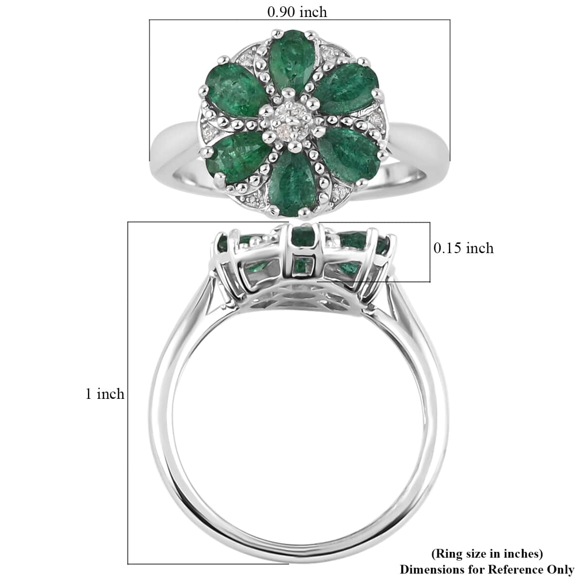 AAA Kagem Emerald and Natural White Zircon Flower Design Ring in Rhodium Over Sterling Silver (Size 8.0) 1.25 ctw image number 5