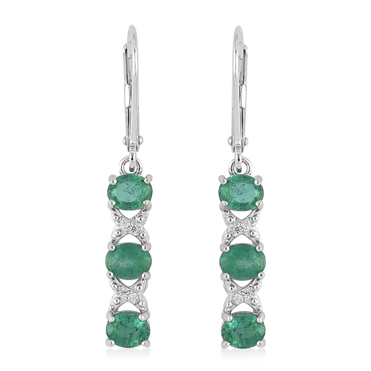 AAA Kagem Emerald and White Zircon Dangle Earrings in Rhodium Over Sterling Silver 2.05 ctw image number 0