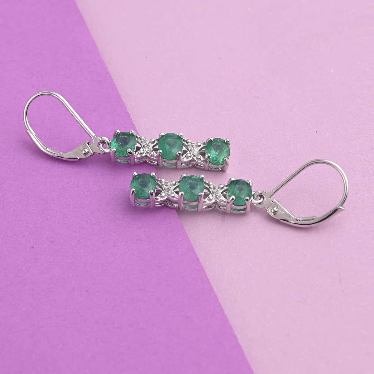 AAA Kagem Emerald and White Zircon Dangle Earrings in Rhodium Over Sterling Silver 2.05 ctw image number 1