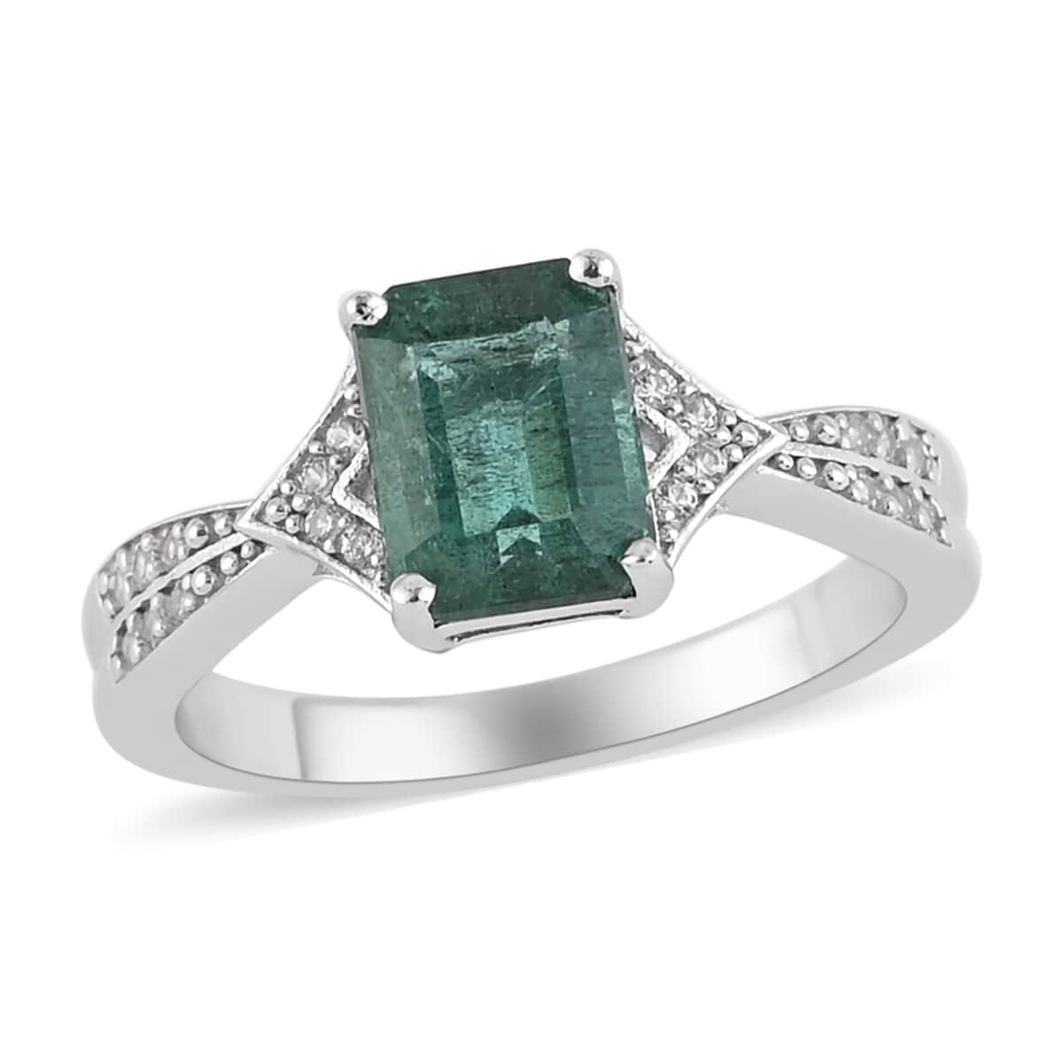 AAA Kagem Zambian Intense Green Emerald, Natural White Zircon Twisted Ring in Rhodium Over Sterling Silver (Size 8.0) 1.80 ctw image number 0