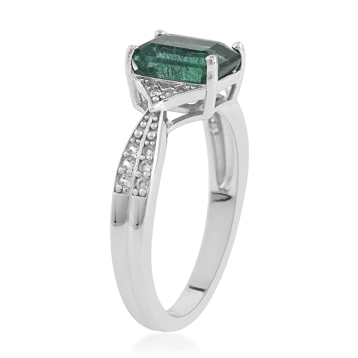 AAA Kagem Zambian Intense Green Emerald, Natural White Zircon Twisted Ring in Rhodium Over Sterling Silver (Size 8.0) 1.80 ctw image number 3