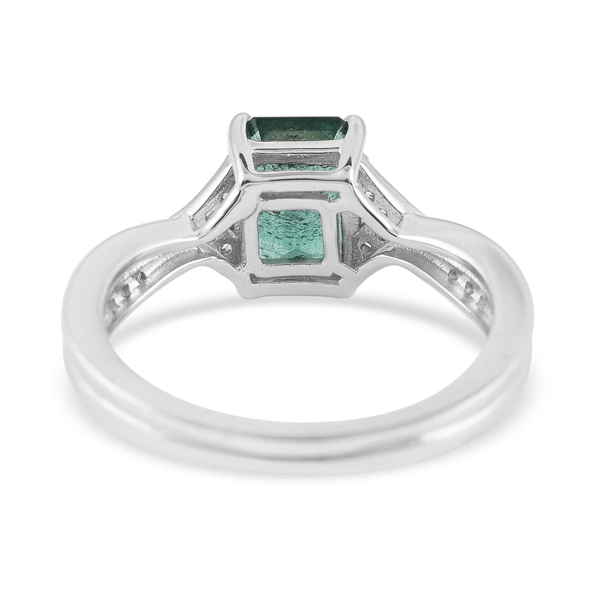 AAA Kagem Zambian Intense Green Emerald, Natural White Zircon Twisted Ring in Rhodium Over Sterling Silver (Size 8.0) 1.80 ctw image number 4