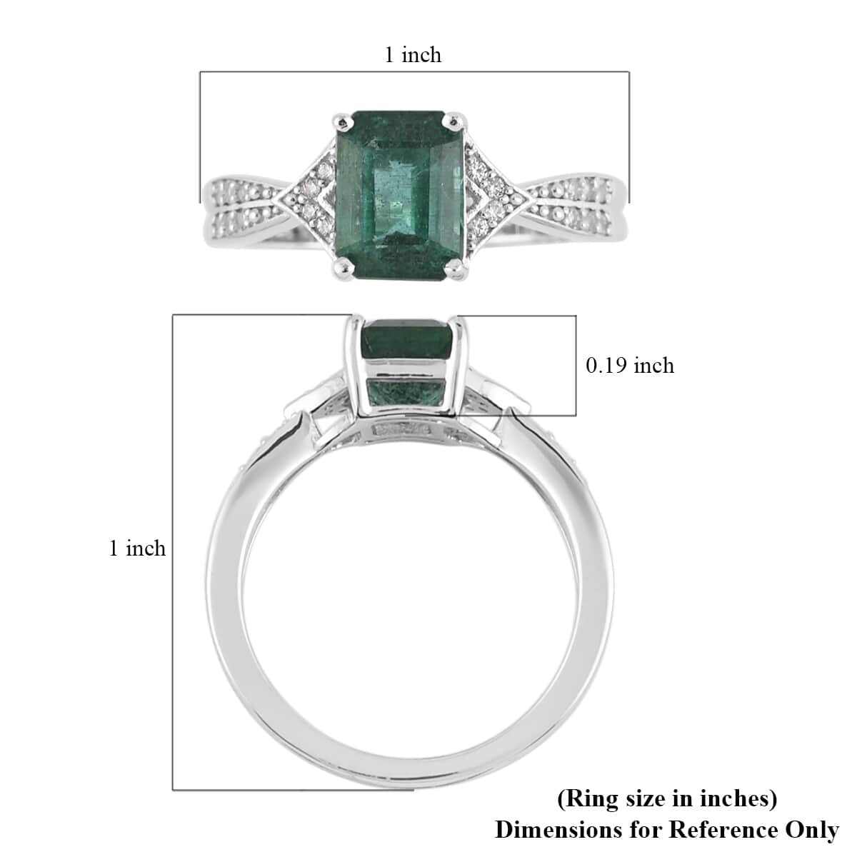 AAA Kagem Zambian Intense Green Emerald, Natural White Zircon Twisted Ring in Rhodium Over Sterling Silver (Size 8.0) 1.80 ctw image number 5