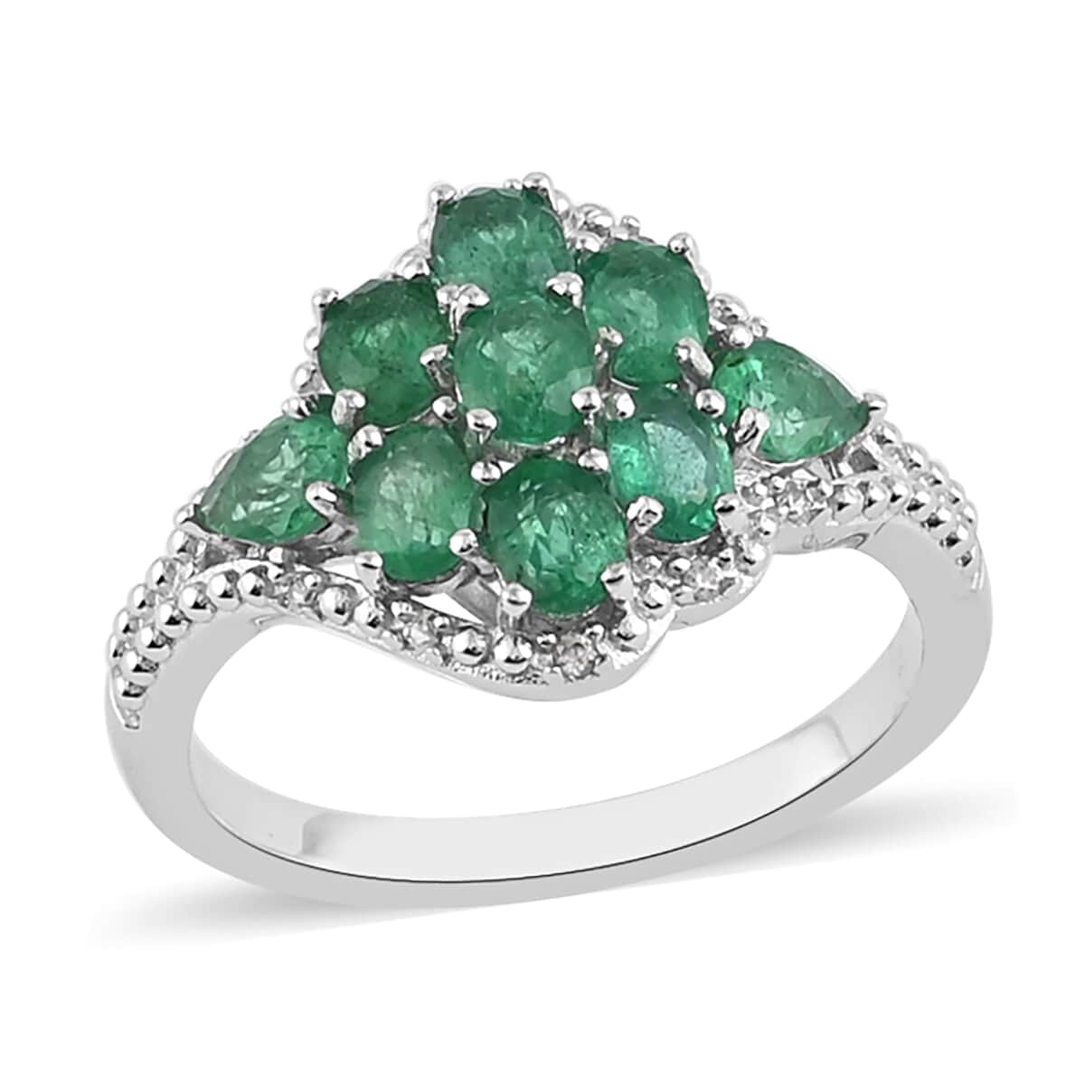 AAA Kagem Zambian Intense Green Emerald, Natural White Zircon Flower Cluster Ring in Rhodium Over Sterling Silver (Size 6.0) 1.50 ctw image number 0