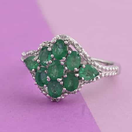 AAA Kagem Zambian Intense Green Emerald and Natural White Zircon Flower Cluster Ring in Rhodium Over Sterling Silver (Size 6.0) 1.50 ctw image number 1