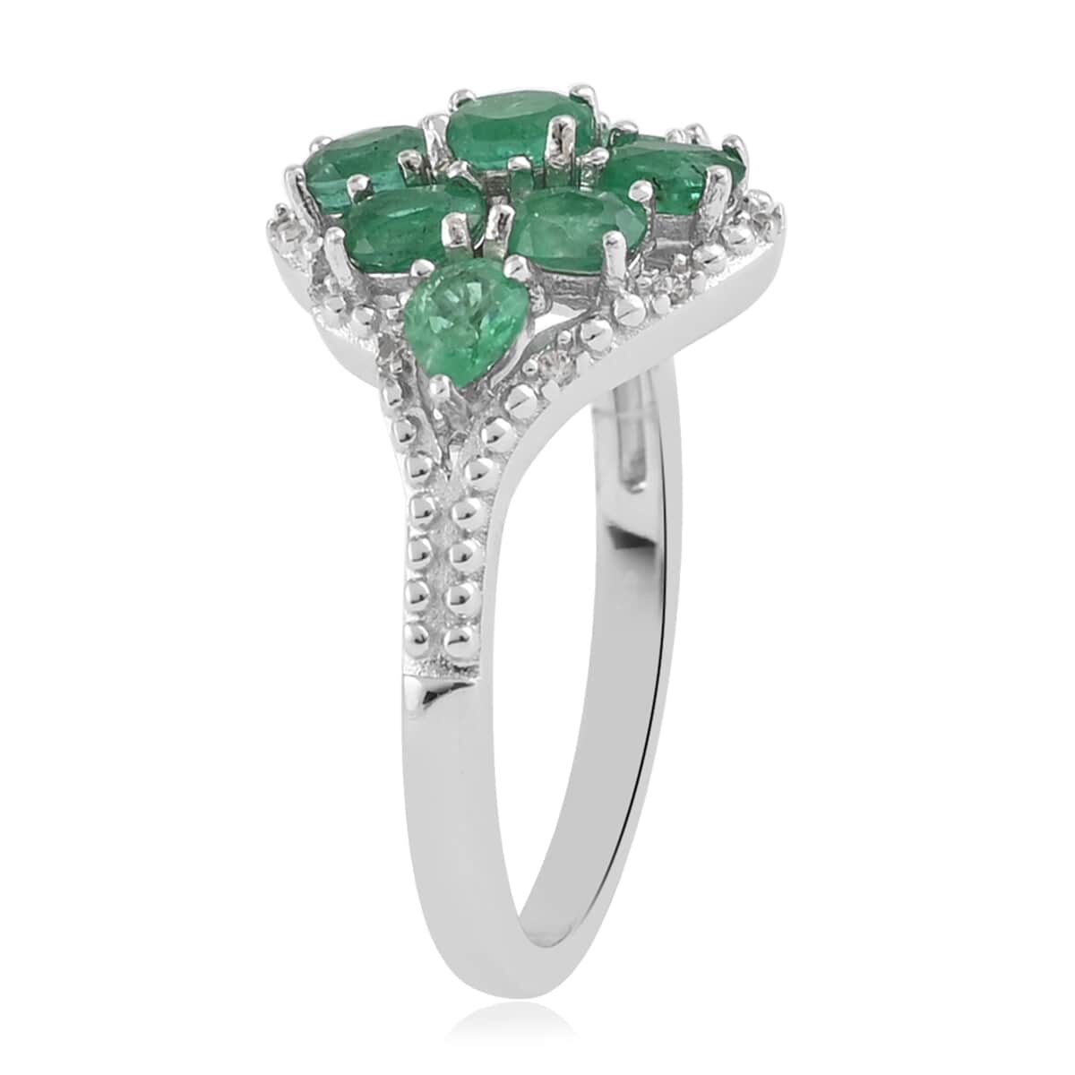 AAA Kagem Zambian Intense Green Emerald and Natural White Zircon Flower Cluster Ring in Rhodium Over Sterling Silver (Size 6.0) 1.50 ctw image number 3