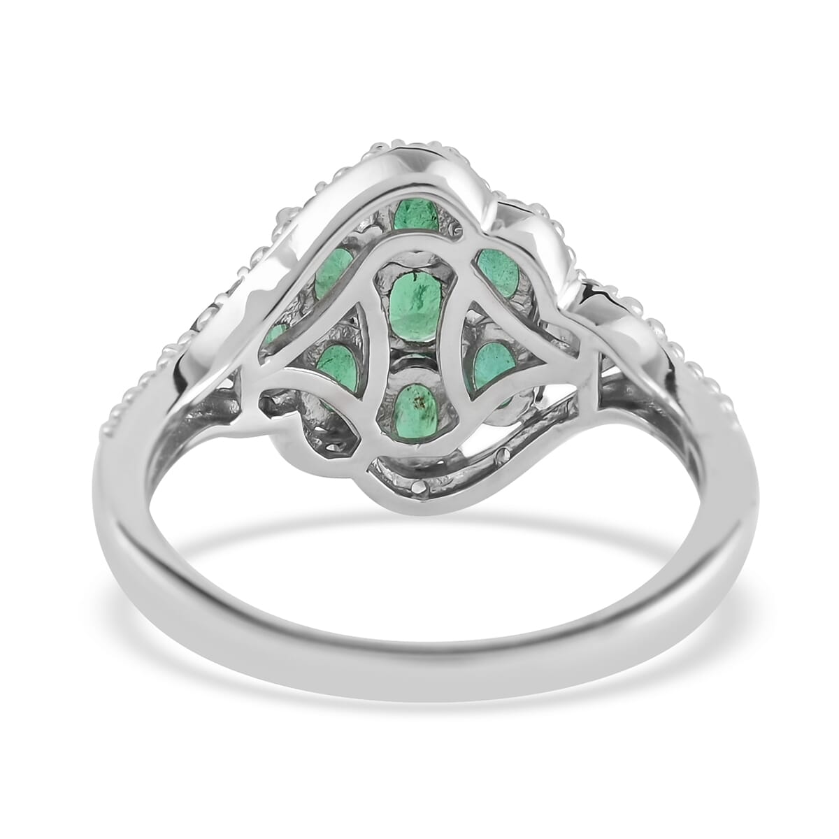 AAA Kagem Zambian Intense Green Emerald and Natural White Zircon Flower Cluster Ring in Rhodium Over Sterling Silver (Size 7.0) 1.50 ctw image number 4