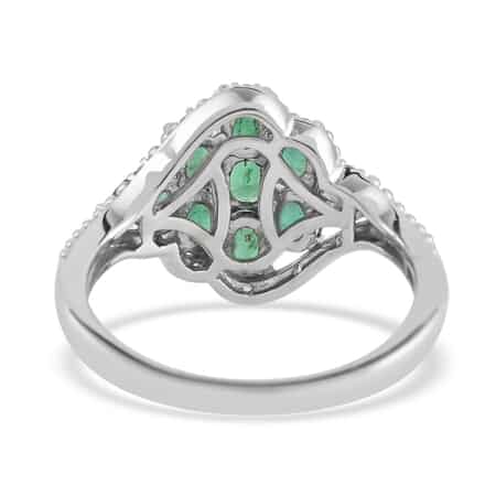 AAA Kagem Zambian Intense Green Emerald and Natural White Zircon Flower Cluster Ring in Rhodium Over Sterling Silver (Size 7.0) 1.50 ctw image number 4