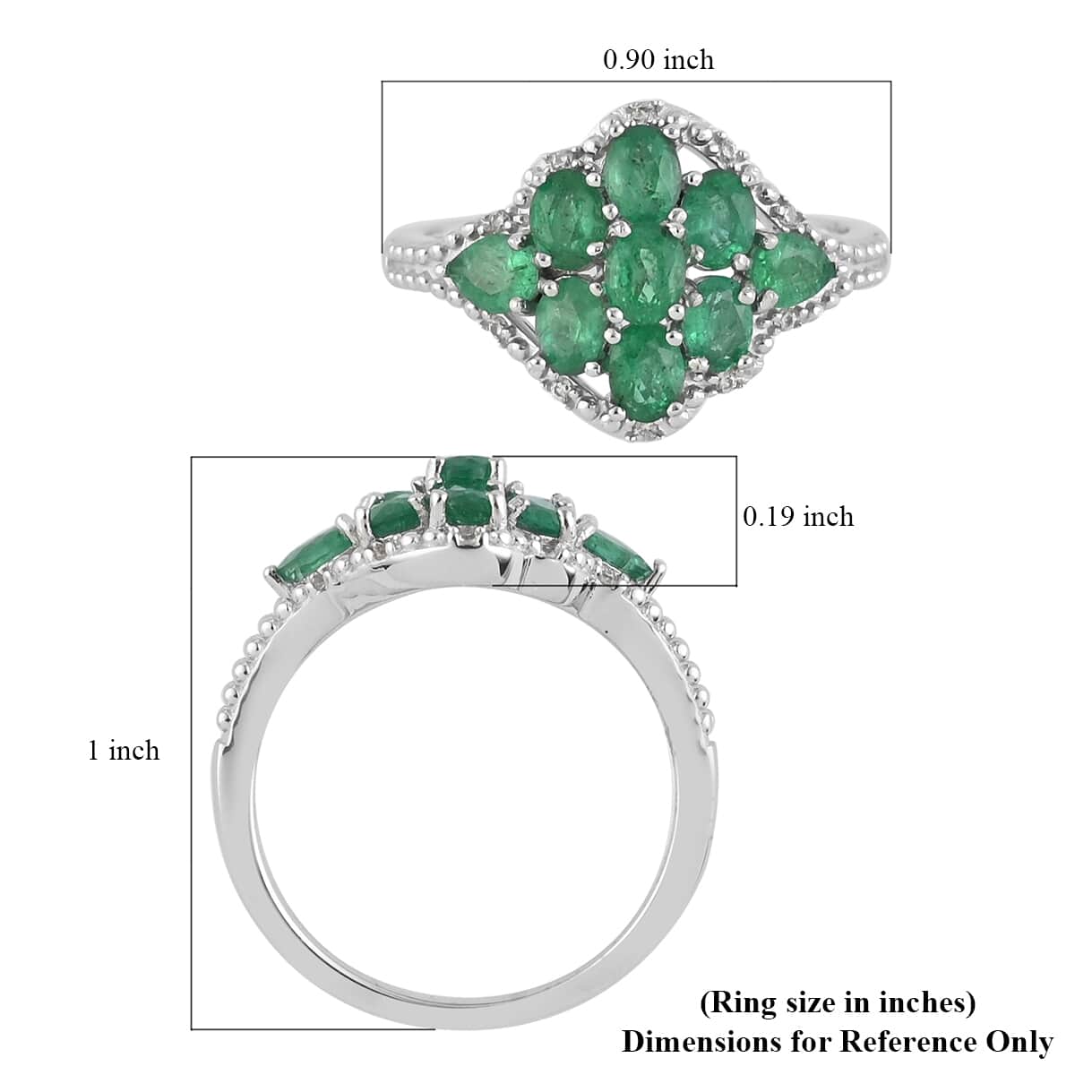 AAA Kagem Zambian Intense Green Emerald and Natural White Zircon Flower Cluster Ring in Rhodium Over Sterling Silver (Size 7.0) 1.50 ctw image number 5