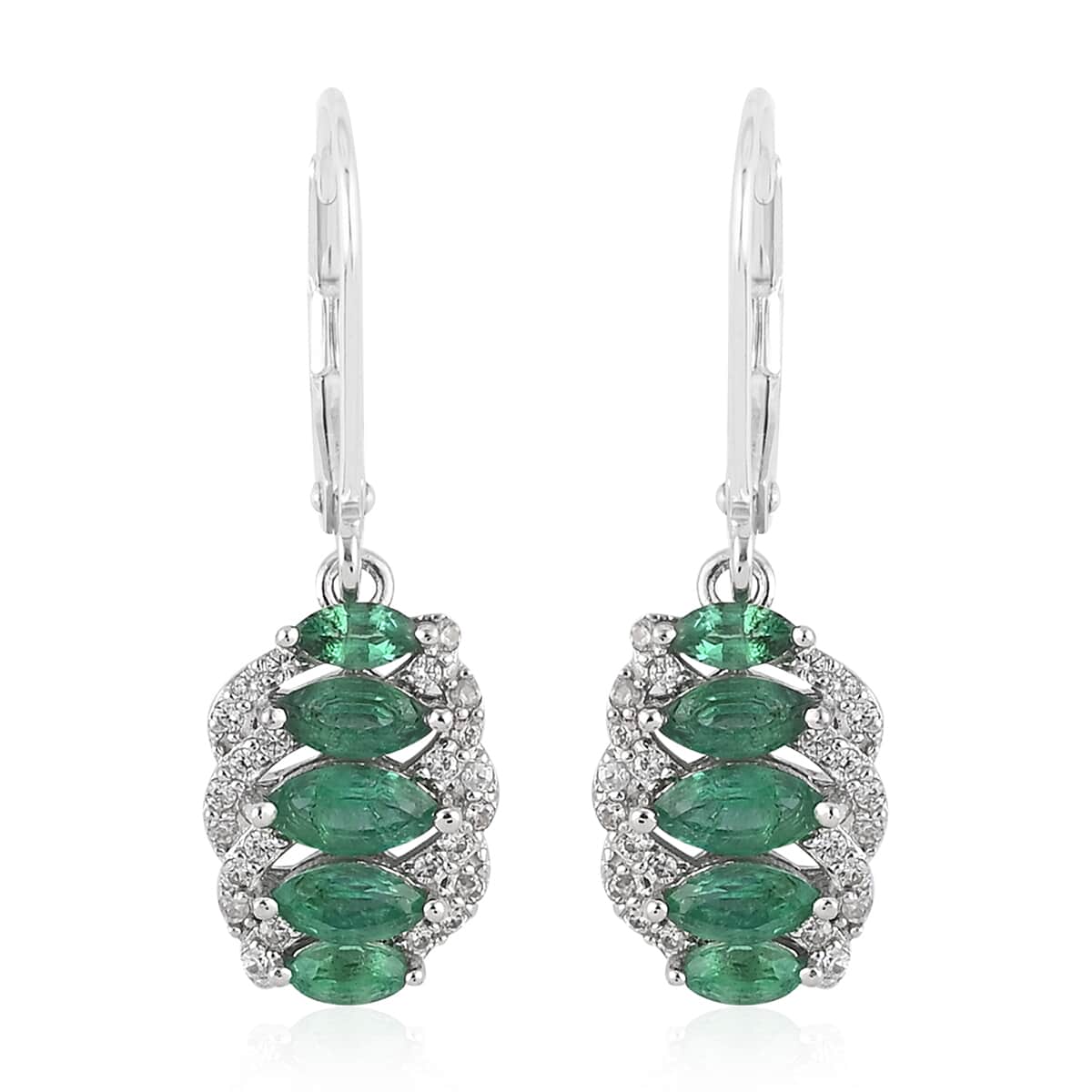 AAA Kagem Emerald and Natural White Zircon Earrings in Rhodium Over Sterling Silver 1.50 ctw image number 0