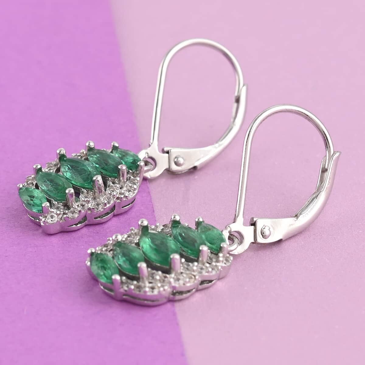 AAA Kagem Emerald and Natural White Zircon Earrings in Rhodium Over Sterling Silver 1.50 ctw image number 1