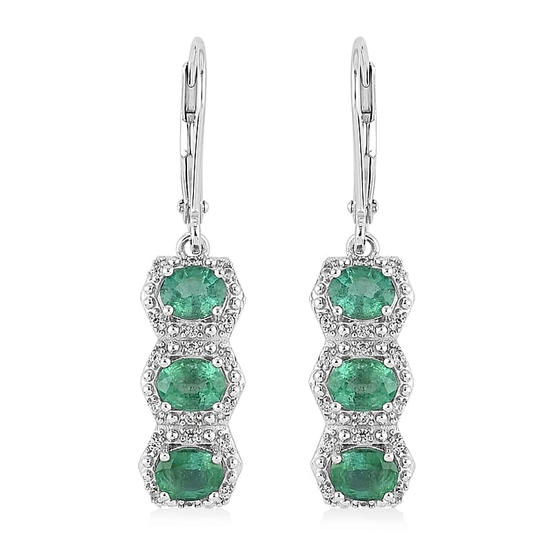 AAA Kagem Emerald and White Zircon Dangle Earrings in Rhodium Over Sterling Silver 2.25 ctw