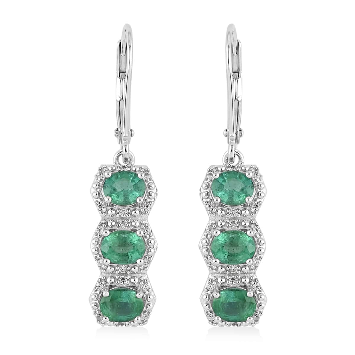 AAA Kagem Emerald and White Zircon Dangle Earrings in Rhodium Over Sterling Silver 2.25 ctw image number 0