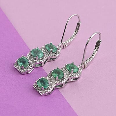 AAA Kagem Emerald and White Zircon Dangle Earrings in Rhodium Over Sterling Silver 2.25 ctw