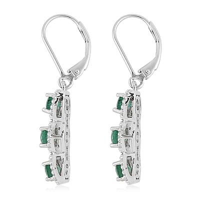 AAA Kagem Emerald and White Zircon Dangle Earrings in Rhodium Over Sterling Silver 2.25 ctw