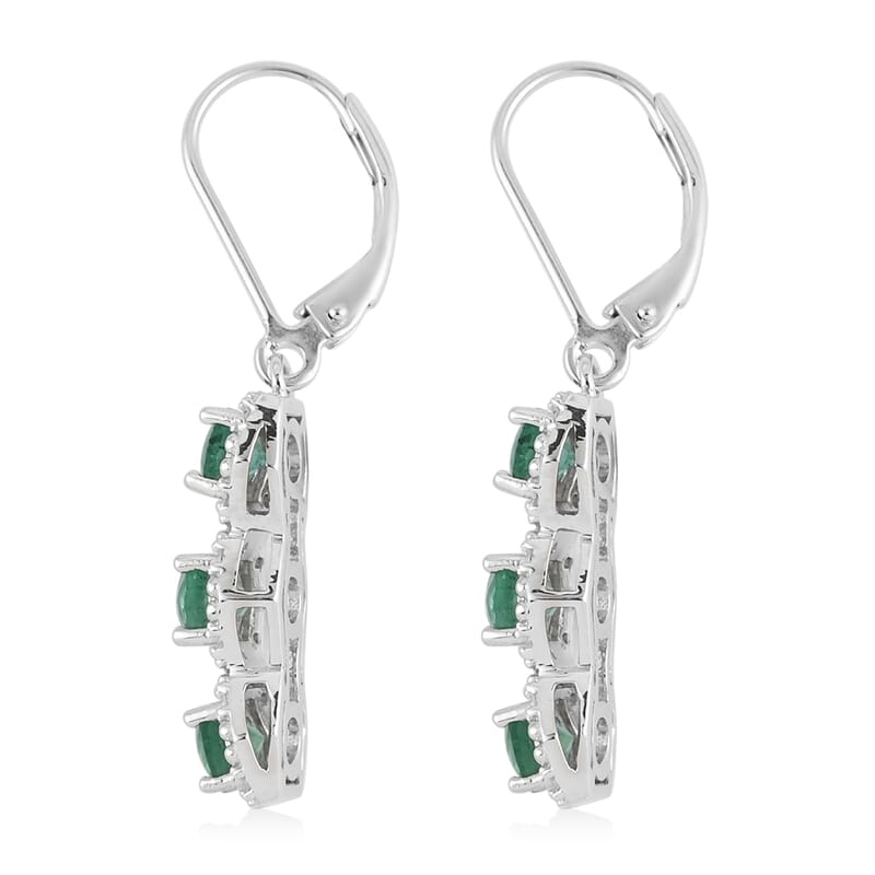 AAA Kagem Emerald and White Zircon Dangle Earrings in Rhodium Over Sterling Silver 2.25 ctw