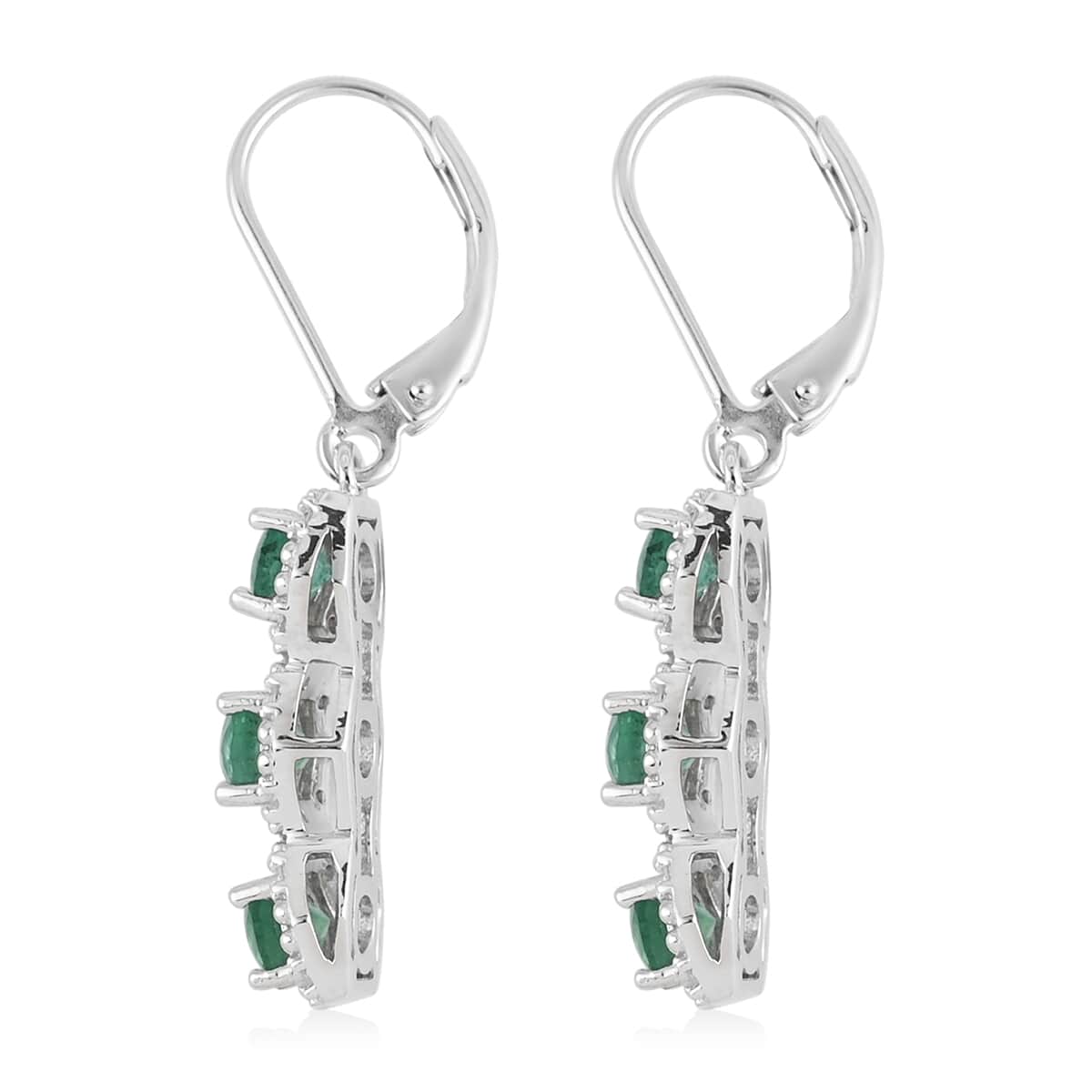 AAA Kagem Emerald and White Zircon Dangle Earrings in Rhodium Over Sterling Silver 2.25 ctw image number 3