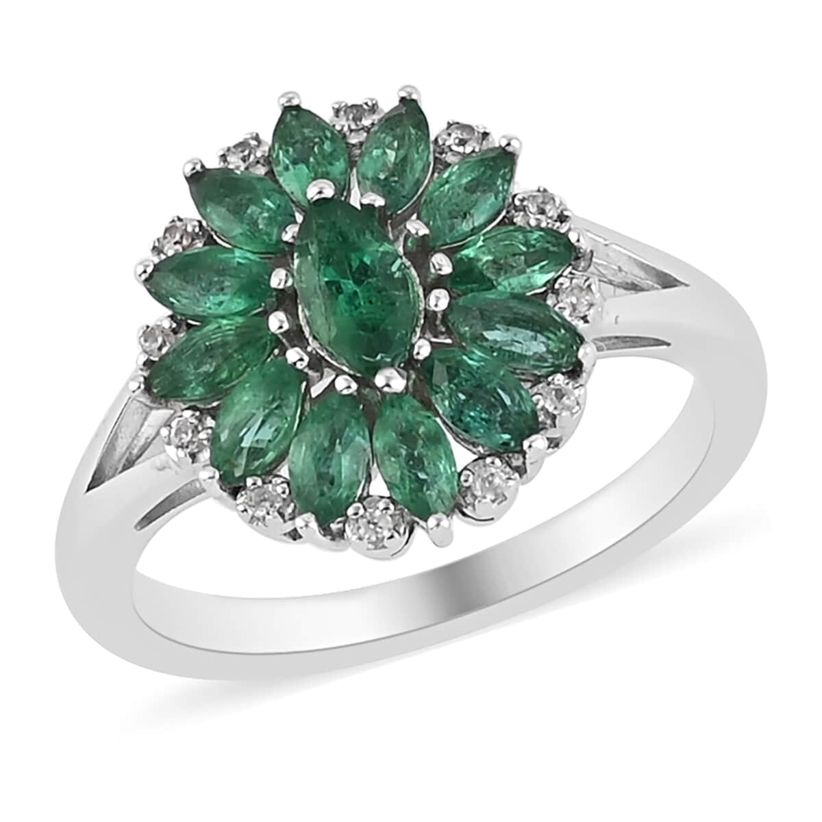 AAA Kagem Zambian Intense Green Emerald and Natural White Zircon Flower Ring in Rhodium Over Sterling Silver (Size 8.0) 1.25 ctw image number 0