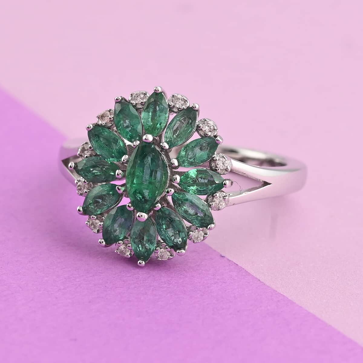AAA Kagem Zambian Intense Green Emerald and Natural White Zircon Flower Ring in Rhodium Over Sterling Silver (Size 8.0) 1.25 ctw image number 1