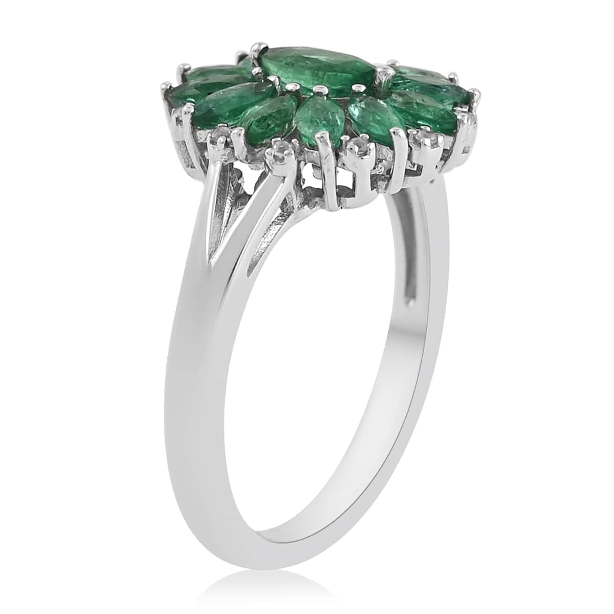 AAA Kagem Zambian Intense Green Emerald and Natural White Zircon Flower Ring in Rhodium Over Sterling Silver (Size 8.0) 1.25 ctw image number 3
