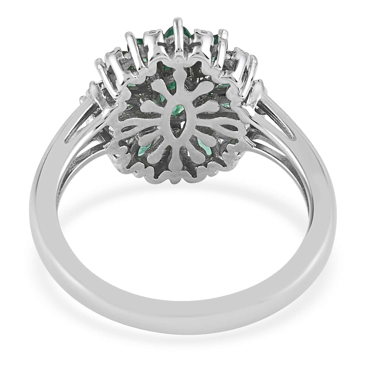 AAA Kagem Zambian Intense Green Emerald and Natural White Zircon Flower Ring in Rhodium Over Sterling Silver (Size 8.0) 1.25 ctw image number 4