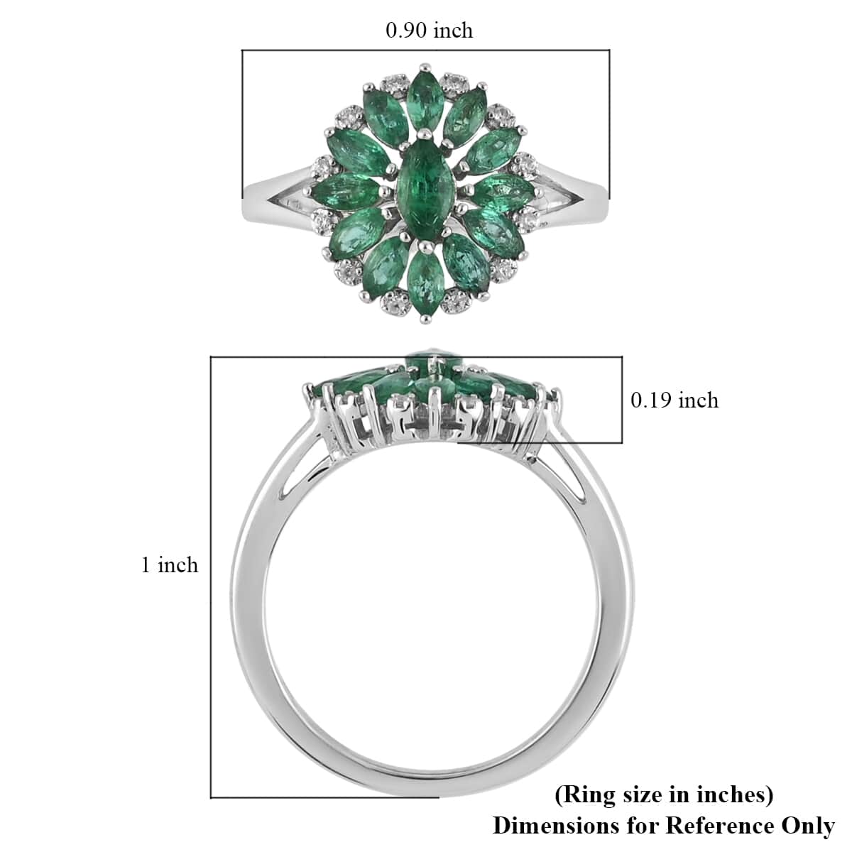 AAA Kagem Zambian Intense Green Emerald and Natural White Zircon Flower Ring in Rhodium Over Sterling Silver (Size 8.0) 1.25 ctw image number 5