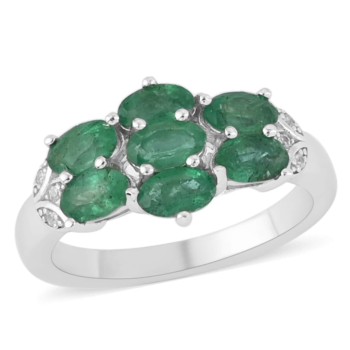 AAA Kagem Zambian Intense Green Emerald, Natural White Zircon Ring in Rhodium Over Sterling Silver (Size 8.0) 1.60 ctw image number 0