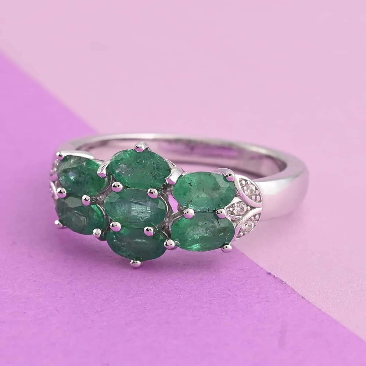AAA Kagem Zambian Intense Green Emerald, Natural White Zircon Ring in Rhodium Over Sterling Silver (Size 8.0) 1.60 ctw image number 1