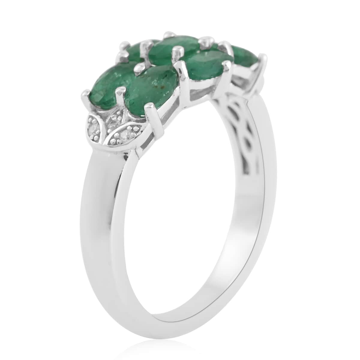 AAA Kagem Zambian Intense Green Emerald and Natural White Zircon Ring in Rhodium Over Sterling Silver (Size 6.0) 1.60 ctw image number 3