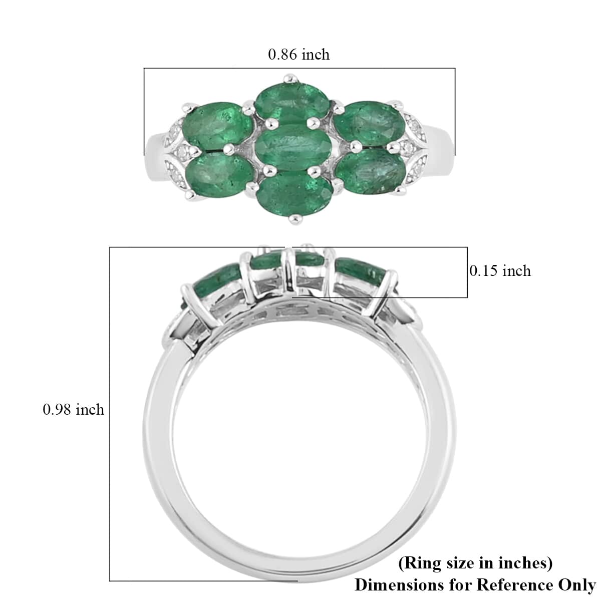 AAA Kagem Emerald and Natural White Zircon Ring in Rhodium Over Sterling Silver (Size 7.0) 1.60 ctw image number 5