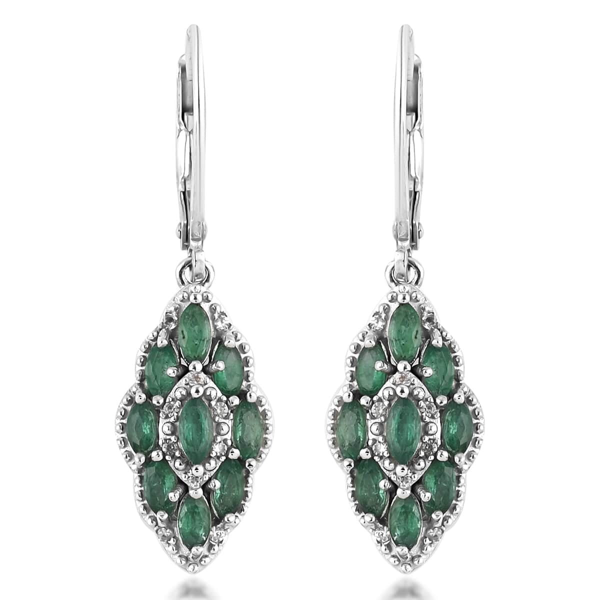 AAA Kagem Zambian Intense Green Emerald and Natural White Zircon Dangle Earrings in Rhodium Over Sterling Silver 1.35 ctw image number 0