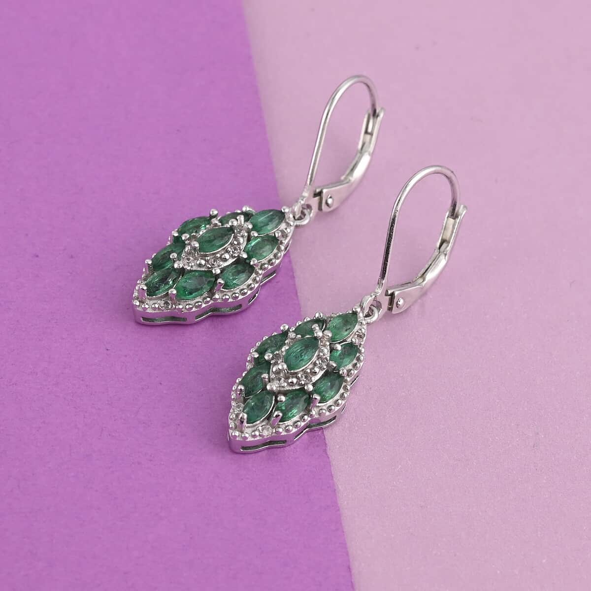 AAA Kagem Zambian Intense Green Emerald and Natural White Zircon Dangle Earrings in Rhodium Over Sterling Silver 1.35 ctw image number 1