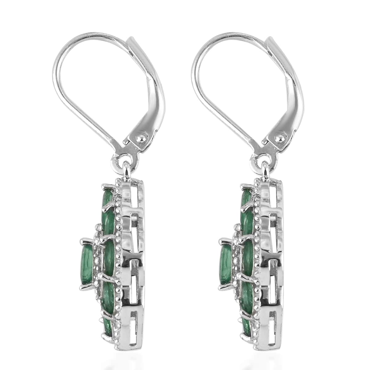 AAA Kagem Zambian Intense Green Emerald and Natural White Zircon Dangle Earrings in Rhodium Over Sterling Silver 1.35 ctw image number 3