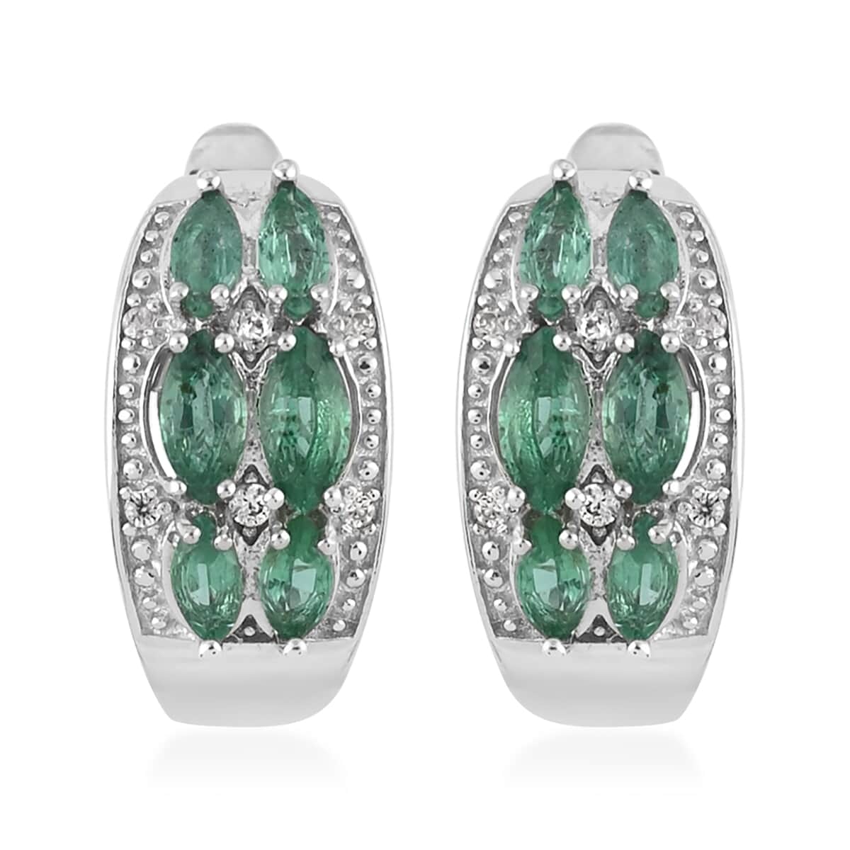 AAA Kagem Emerald and Natural White Zircon Fashion Hoop Earrings in Rhodium Over Sterling Silver 1.15 ctw image number 0