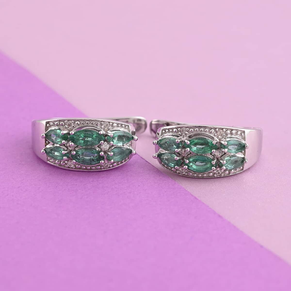 AAA Kagem Emerald and Natural White Zircon Fashion Hoop Earrings in Rhodium Over Sterling Silver 1.15 ctw image number 1