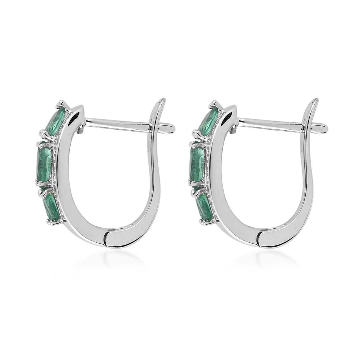 AAA Kagem Emerald and Natural White Zircon Fashion Hoop Earrings in Rhodium Over Sterling Silver 1.15 ctw image number 3