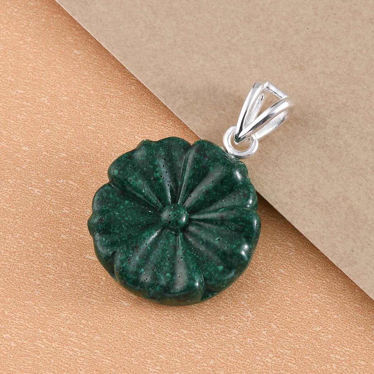 Constituted Malachite Carved Floral Pendant in Sterling Silver 17.00 ctw image number 1