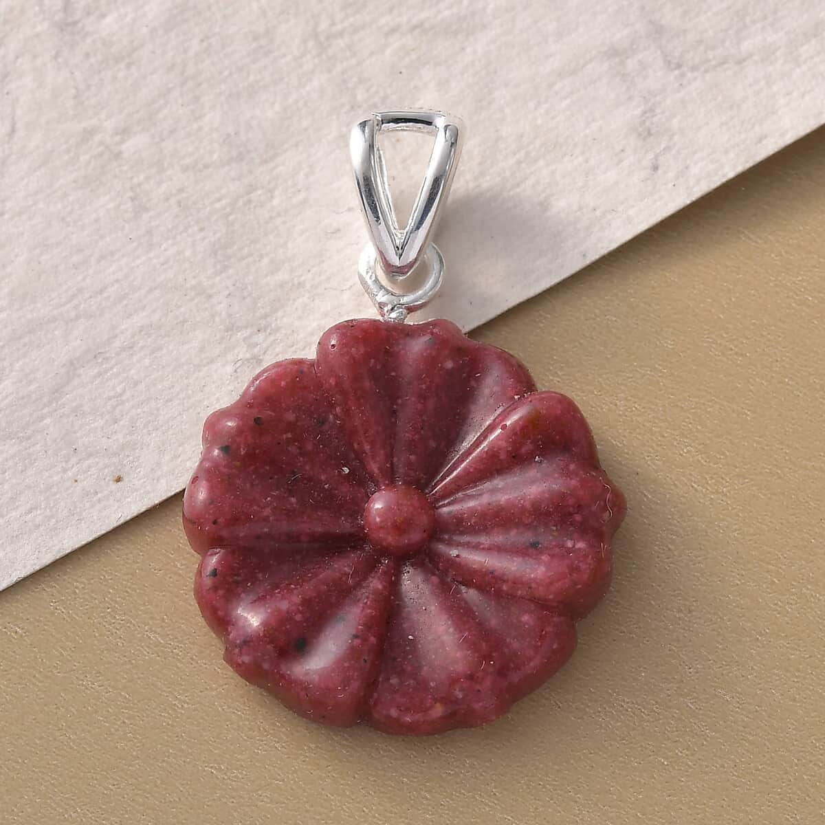 Constituted Thulite Carved Floral Pendant in Sterling Silver 13.15 ctw image number 1