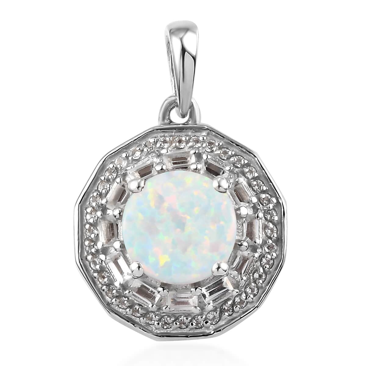 Lab Created Opal and White Topaz October Birthstone Flower Pendant in Platinum Over Sterling Silver 1.10 ctw image number 0