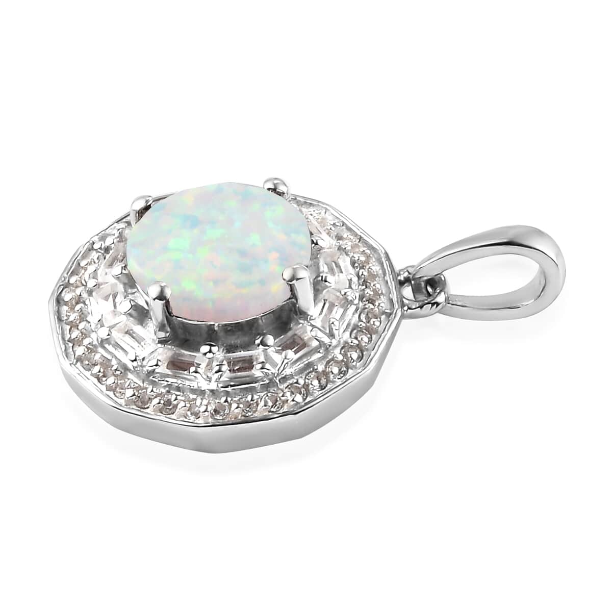Lab Created Opal and White Topaz October Birthstone Flower Pendant in Platinum Over Sterling Silver 1.10 ctw image number 1