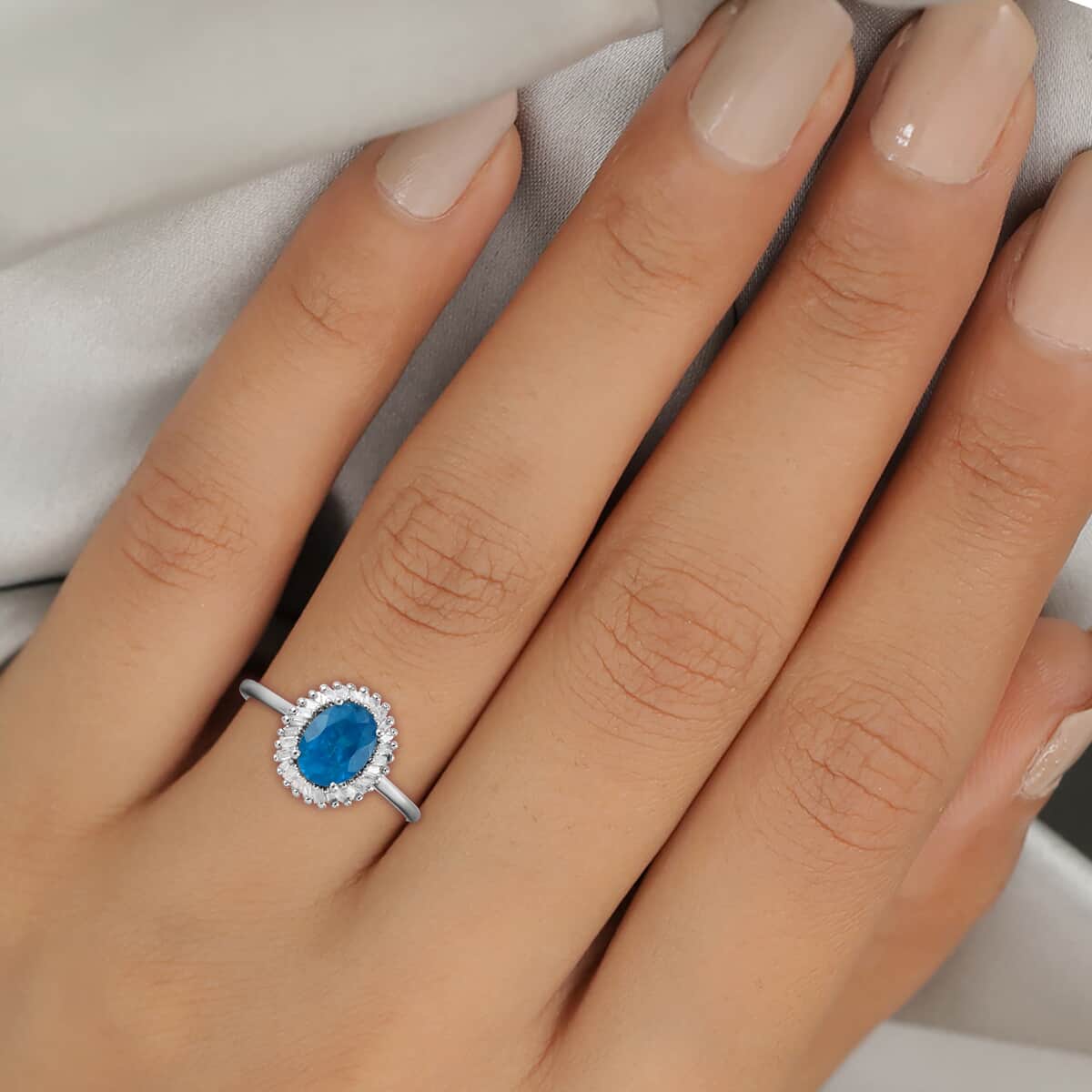 Malgache Neon Apatite and Diamond Halo Ring in Platinum Over Sterling Silver (Size 7.0) 1.40 ctw image number 2
