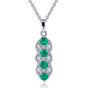 Emerald and White Zircon 0.94 ctw Pendant in Rhodium Over Sterling Silver