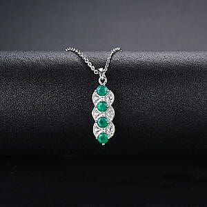 Emerald and White Zircon 0.94 ctw Pendant in Rhodium Over Sterling Silver