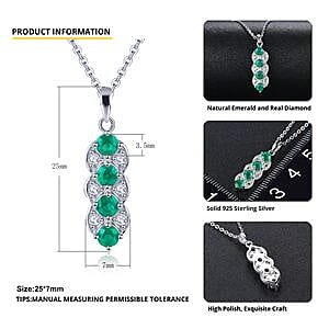Emerald and White Zircon 0.94 ctw Pendant in Rhodium Over Sterling Silver